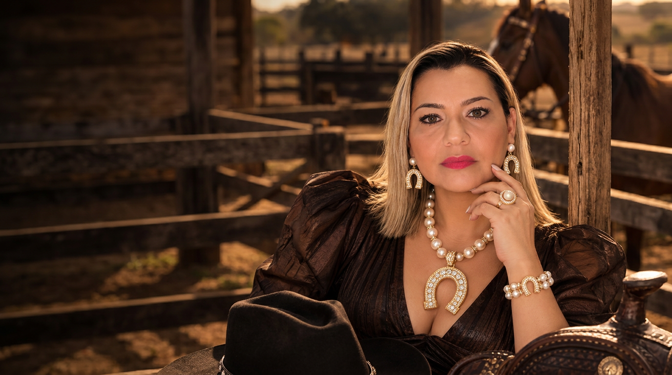 Modelo usando o conjunto Pérolas Imperiais Montana Gold